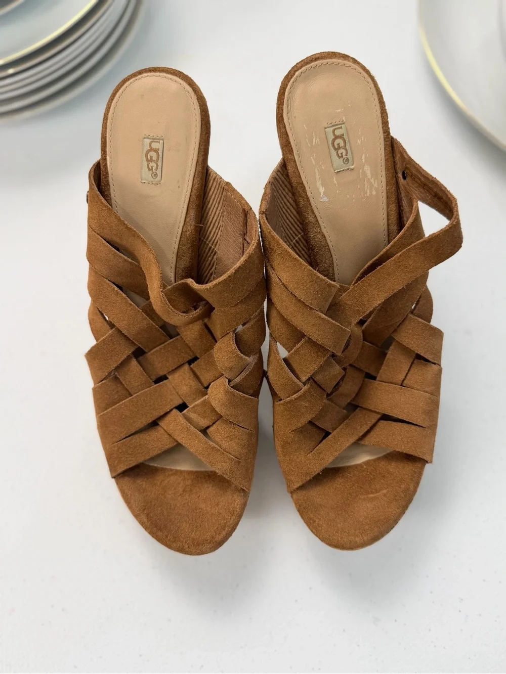 UGG Marta Chestnut Suede Woven Cork Wedge Sandals Women’s Size 10